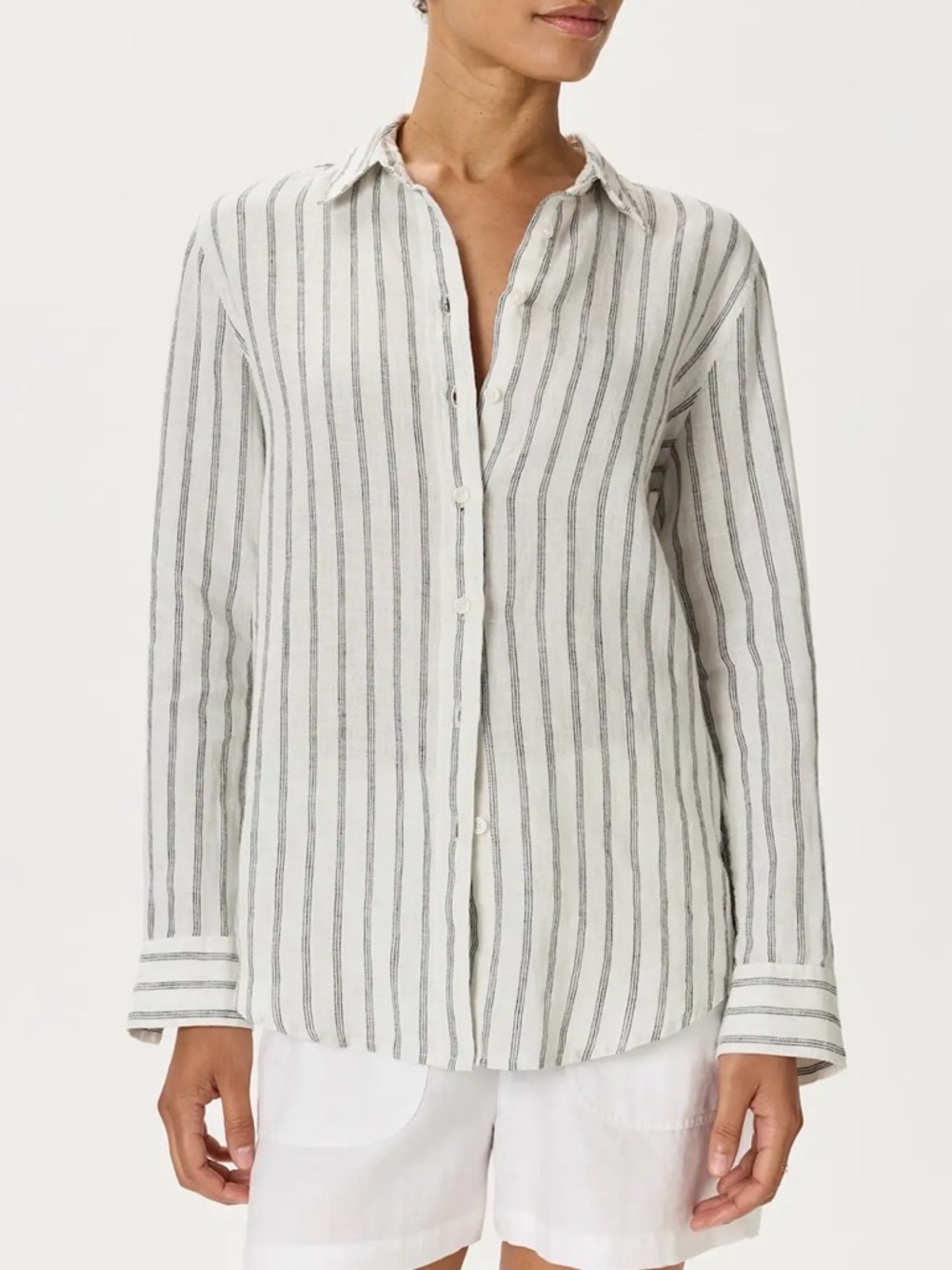 Quince Flax European Linen Long Sleeve Oatmeal Black Stripe Shirt Size L